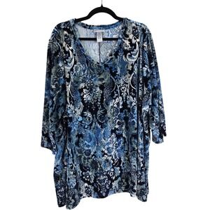 Catherines 3X Velvet Velour Tunic Top Blue Floral Paisley‎ Plus Size Bohemian